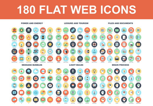 Vector set of 180 flat web icons on following themes - files and documents, power and energy, message bubbles, leisure and tourism, light bulbs, brain process