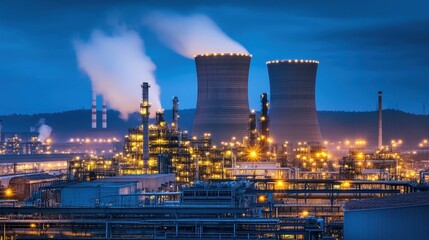 Industrial landscape featuring cooling towers and refinery structures at dusk.
