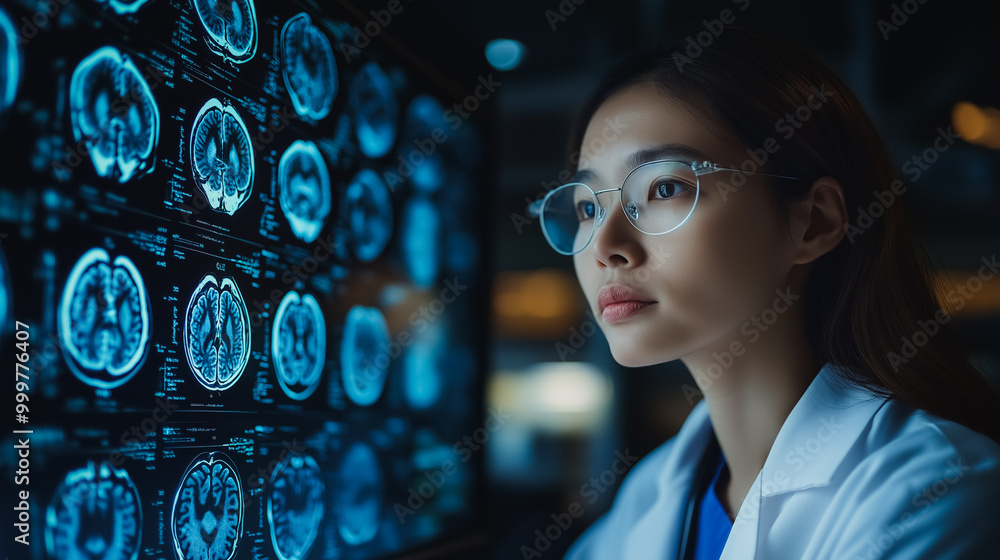 Poster a woman is looking at a computer monitor displaying a series of brain scans