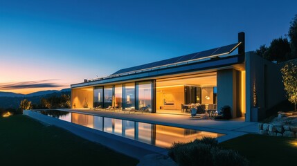 Obraz premium A minimalist modern home with floor-to-ceiling windows, geometric architecture, and an infinity pool overlooking the ocean