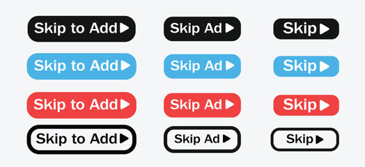 Fototapeta premium Skip ad button set. Skip ad icon in neomorphs style. Icons for business, white UI, UX. Ad symbol. Black button skip ad for website. Vector icon.