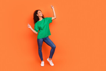 Photo of young funky attractive american girl wearing trendy outfit dancer clubbing weekend chill...