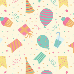 Fun hand drawn party seamless background with cakes, gift boxes, balloons and party decoration. Great for birthday parties, textiles, banners, wallpapers, wrapping - vector design