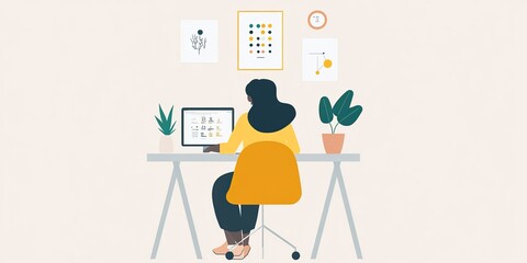 A woman in a yellow sweater sits at a desk, working on a computer surrounded by decorative plants and art on the walls.