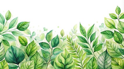 Obraz premium Green leaves painted with watercolor against a white backdrop Panoramic
