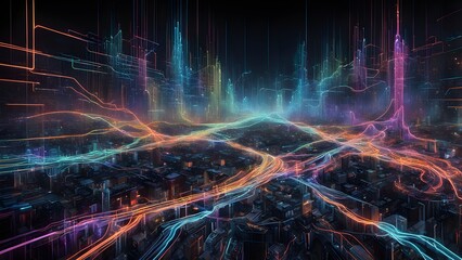 Abstract cityscape with glowing lines representing digital connections.
