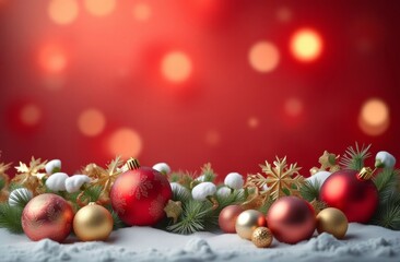 Christmas or New Year's background is red with new Year's toys, balls, snow, gifts, bokeh, copy space, place for text