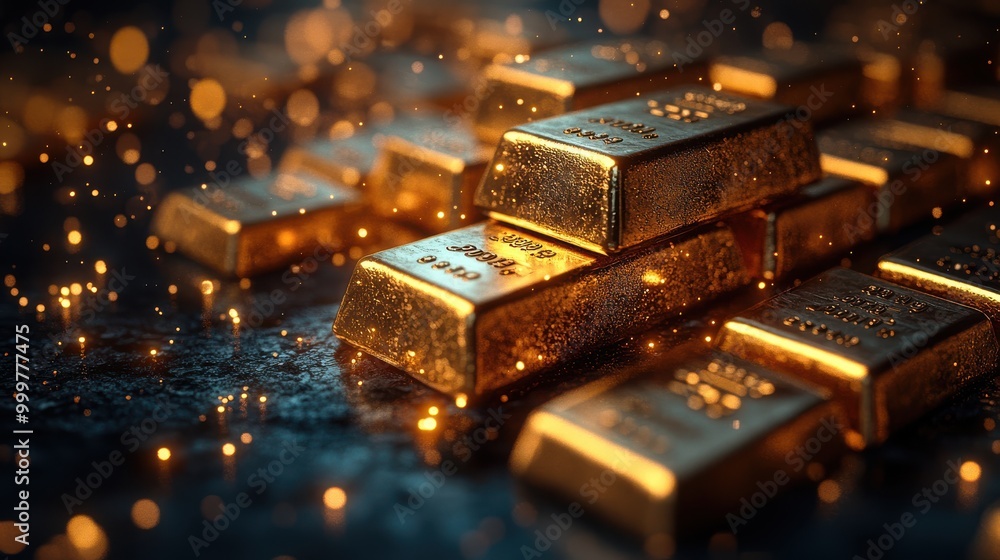 Poster glowing green chart rising over gold bars and floating cash, bold abstract 3d rendering with no back