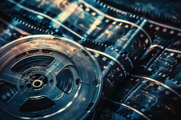 A close-up shot of a film reel, suitable for uses such as movie-themed artwork or vintage-inspired designs