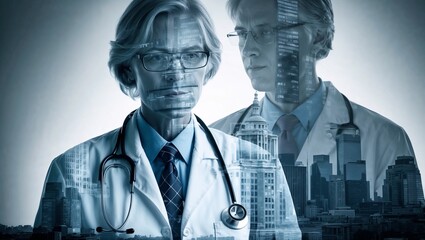 Double exposure of two male doctors with stethoscope over cityscape background
