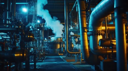 Industrial scene with pipes and steam, showcasing a manufacturing environment.
