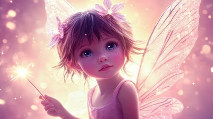 Fototapeta premium A magical fairy child with sparkly wings, big eyes, and a glowing wand, standing on a soft pastel pink background