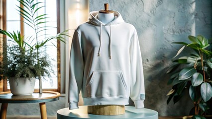 mockup 3d white plain hoodie with mannequin placed on podium, isolated neutral background,