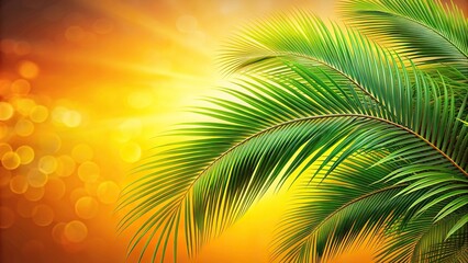 Green palm tree fronds on warm summer background