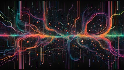 Obraz premium Abstract digital illustration with glowing lines and points of light on a black background.