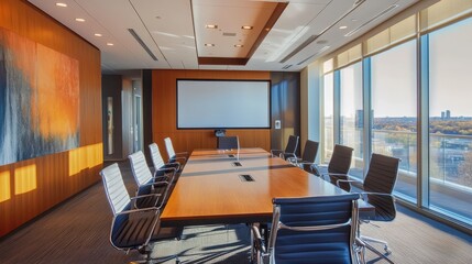 Modern conference room with a large table, chairs, and a view.