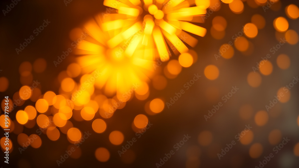 Poster festive background with fireworks and bokeh defocused lights.