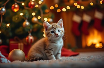 Christmas tabby kitten, sitting under the Christmas tree, cozy home atmosphere, gilands, bokeh, Christmas Eve