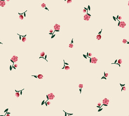 Seamless floral pattern with roses. Cute floral print in the small flowers on beige baskground. 
