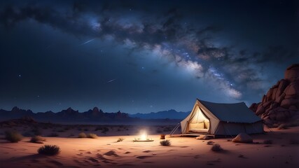 Cozy Tent under a Night Sky with Stars for Outdoor Adventure and Camping Experience in Nature