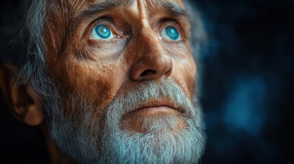 poignant portrait of hope weathered face of elderly homeless man gazing upward eyes reflecting determination and dreams with ethereal overlay of aspirational future