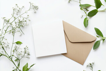 Flat lay mock-up of two blank white and beige cards with envelopes on a table, top view. Created with Ai