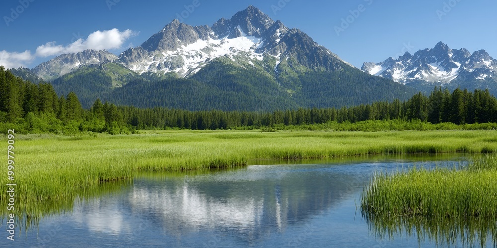 Canvas Prints A serene landscape with a lake in the foreground and snow-capped mountains in the background.