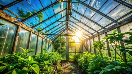 Fototapeta premium Green plants behind dirty greenhouse glass window in tropical house, sunbeam creating shadows