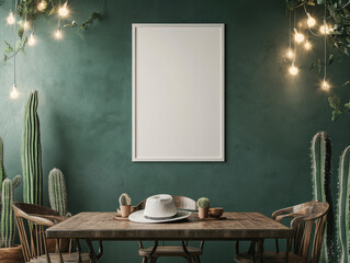 A photo of a large white frame mockup hanging on a dark green wall in a boho-style Western restaurant. Cacti and other wild West elements surround it. Created with Ai