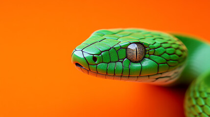 Detailed close-up of a green snake with textured scales and an intense eye, set against a vibrant orange background, creating bold contrast.
