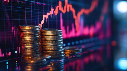 Glowing chart rising over a stack of money and gold coins, abstract 3D scene, high-res and isolated on white