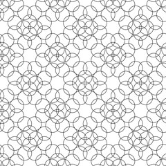 Abstract geometric pattern with circles, crosses, stripes, lines. Seamless vector background. White and black ornament. Modern reticulated graphic design.