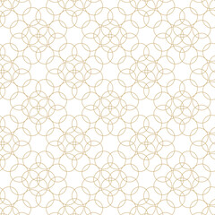 Abstract geometric pattern with circles, crosses, stripes, lines. Seamless vector background. White and gold ornament. Modern reticulated graphic design.