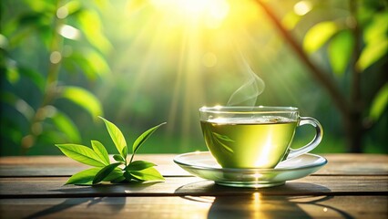 Green tea cup and saucer with plant in natural light of sunny morning