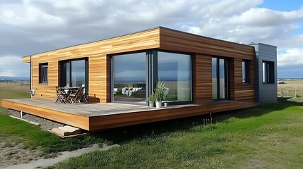 Modern Wooden House with Deck and Green Grass