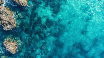 Fototapeta premium Photographs of rocky coastlines and aerial views showcase the colors of the deep sea.
