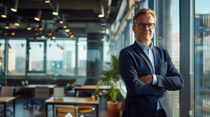 Experienced manager in a stylish corporate office, navy suit