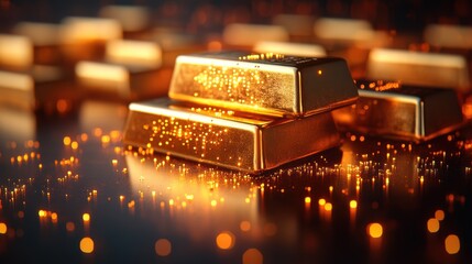 Floating gold bars with a glowing growth chart and cash, bold shapes in a high-res abstract 3D rendering, isolated on white