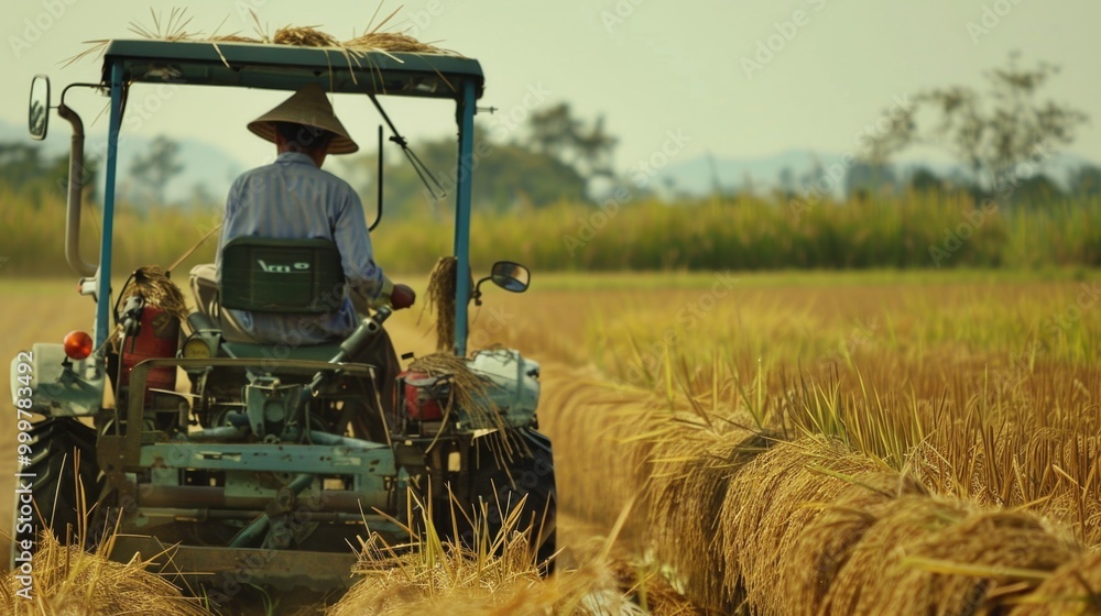 Poster a person working on a tractor in a green field with no buildings or structures around, suitable for 