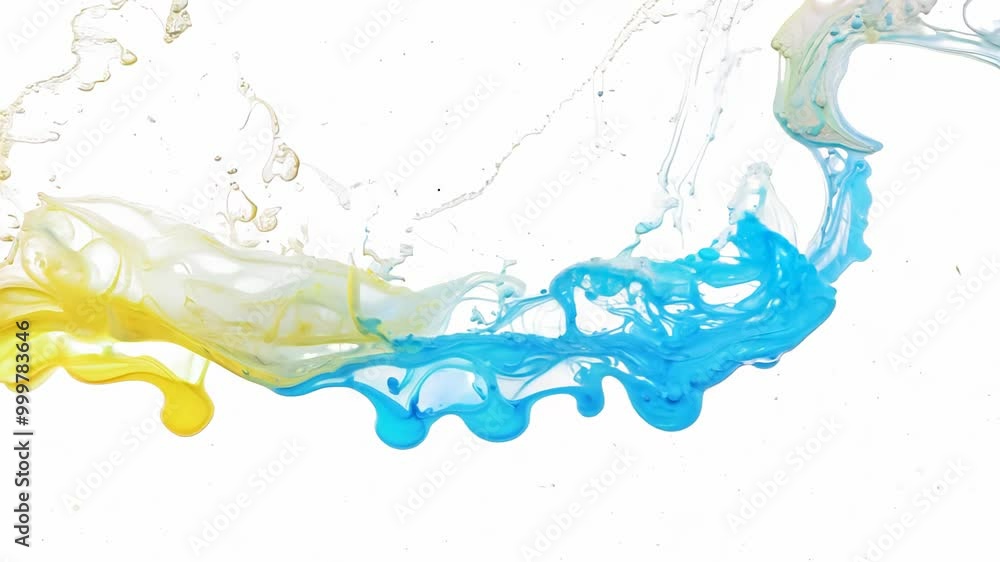 Poster vibrant yellow and blue fluid ink splashes mixing on a white background, creating dynamic patterns