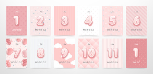 Set of cute baby girl monthly milestone invitation cards with numbers in pastel colors for baby shower party and gifts with pink background. Baby's first 12 month anniversary card. vector illustration