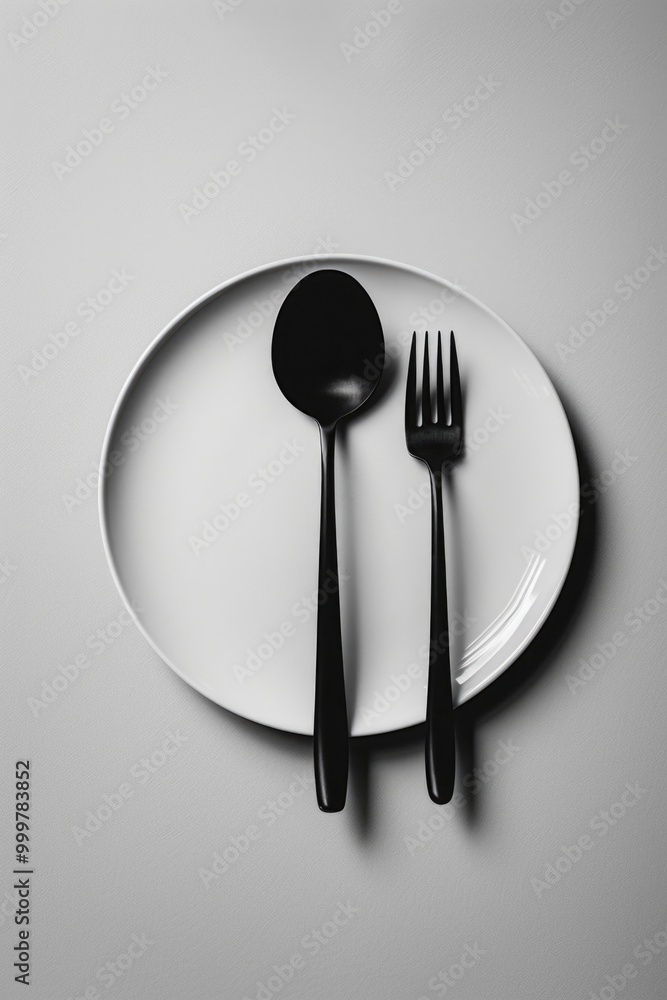 Aufkleber a plate with a fork and a spoon placed on it, ideal for use in food-related compositions or as a sym