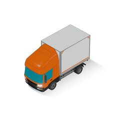 3D Isometric Cargo Truck Half Tone Vector Illustration Modern Orange Cabine and White Van City Delivery Vehicle 4x2 Design for Logistics and Transport Presentation Social Media Video Promo Front Left
