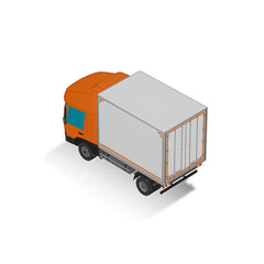3D Isometric Cargo Truck Half Tone Vector Illustration Modern Orange Cabine and White Van City Delivery Vehicle 4x2 Design for Logistics and Transport Presentation Social Media Video Promo Back Left