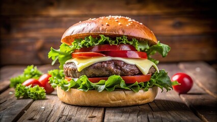 Grilled beef burger with fresh salad and cheese on a white plate with a fisheye lens effect