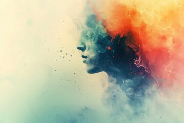 A portrait of a woman with colorful smoke emitting from her mouth or nose, possibly indicating creativity or inspiration