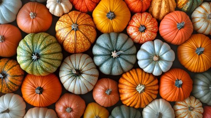 Asset Different kind of pumpkins closeup. Halloween and autumn background