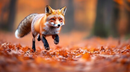 Asset Cute Red Fox, Vulpes vulpes in fall forest. Beautiful animal in the nature habitat. Wildlife scene from the wild nature, Germany, Europe. Cute animal in habitat. Red fox running on orange autumn