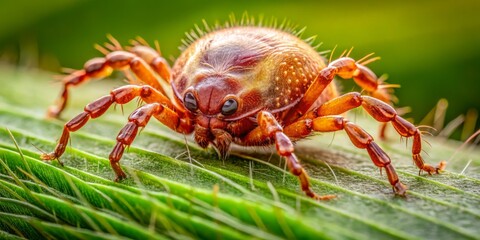 Naklejka premium Close-up photos reveal chiggers on human skin and grass, illustrating their diminutive size and natural settings,
