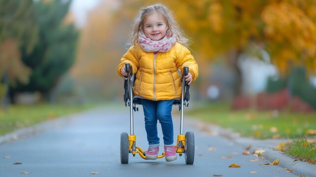 Asset Disability photo of a cute little disabled girl walking with a special walker outdoors on the sidewalk